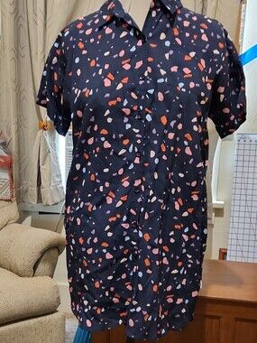 Bohme Navy Short-Sleeve Button-Down Shirt Dress with Coral and Light Blue Spots